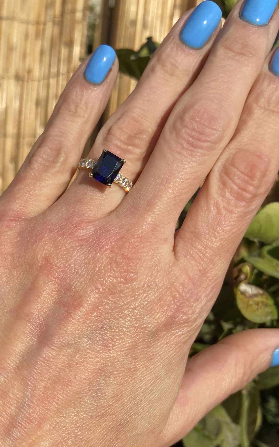 Blue Sapphire Ring - September Birthstone - Octagon Blue Sapphire Gemstone Statement Engagement Ring with Clear Quartz Accents