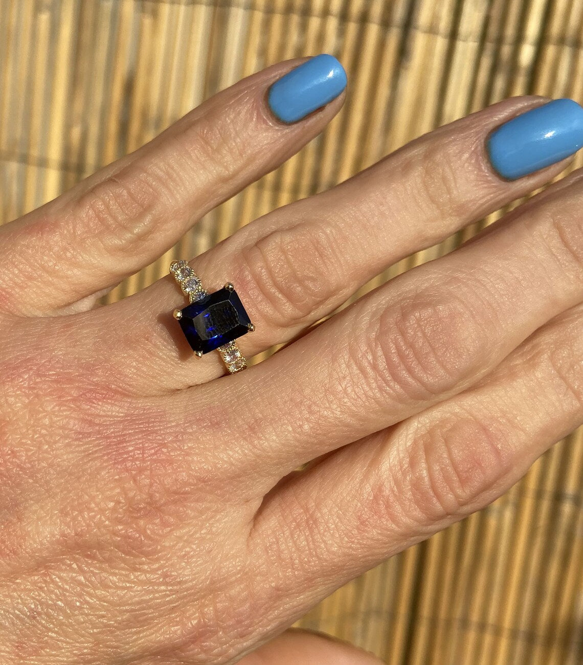 Blue Sapphire Ring - September Birthstone - Octagon Blue Sapphire Gemstone Statement Engagement Ring with Clear Quartz Accents