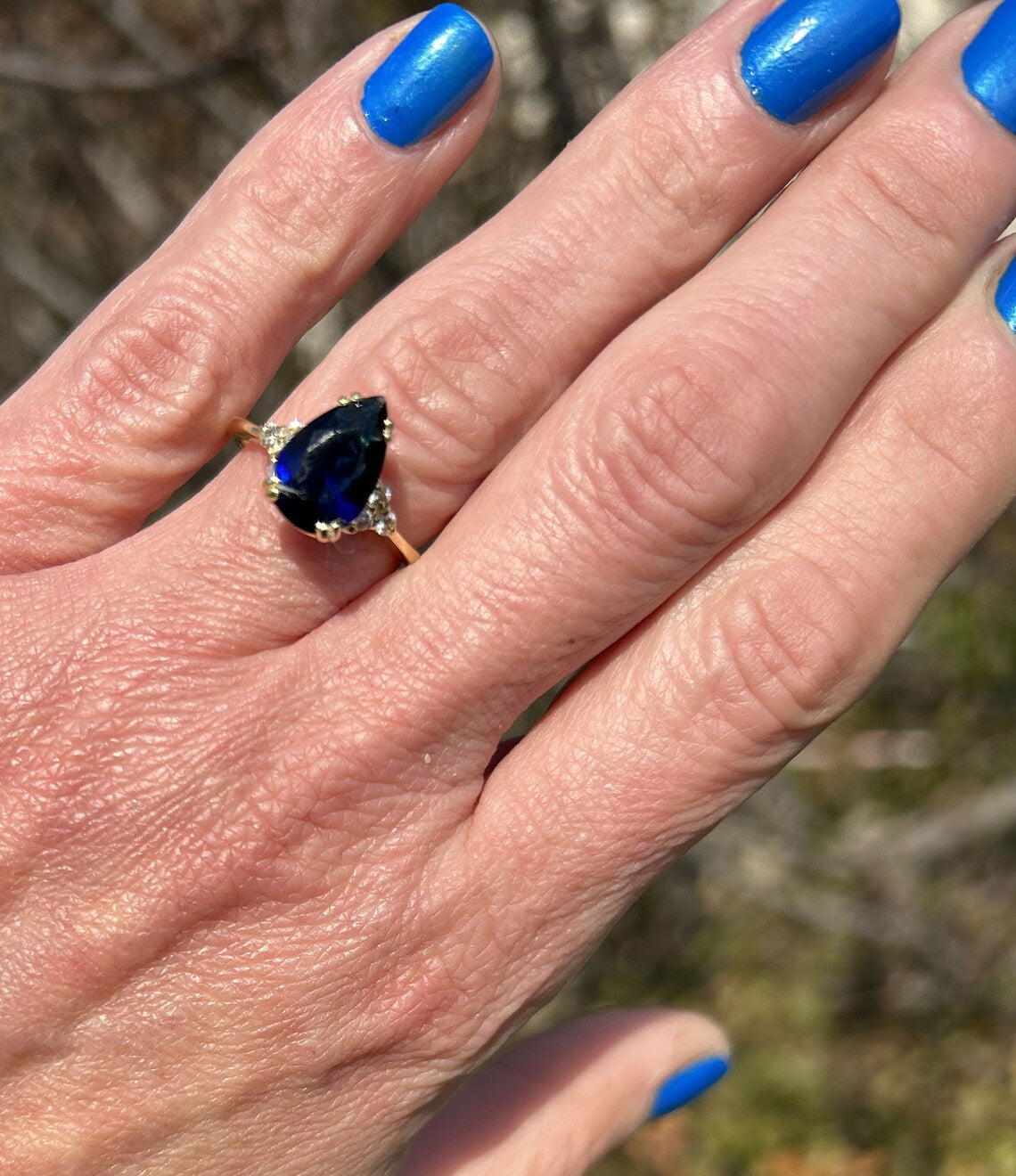 Blue Sapphire Ring - September Birthstone - Pear-Shaped Blue Sapphire Gemstone Statement Engagement Ring with Clear Quartz Accents