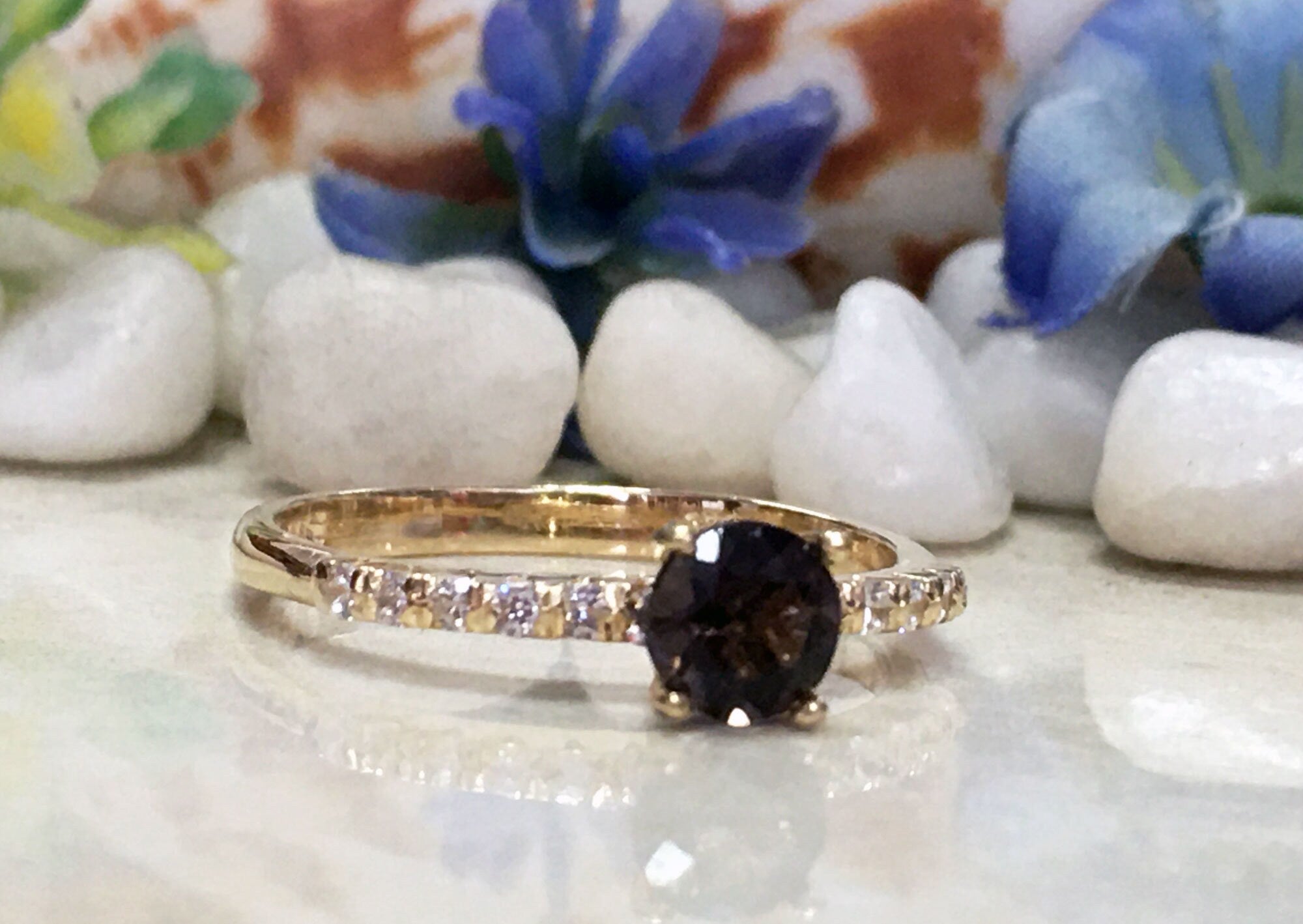 Smoky Quartz Ring - Gold Ring - Stacking Ring - Gemstone Ring - Dainty Ring - Tiny Ring - Delicate Ring - Engagement Ring - Prong Ring