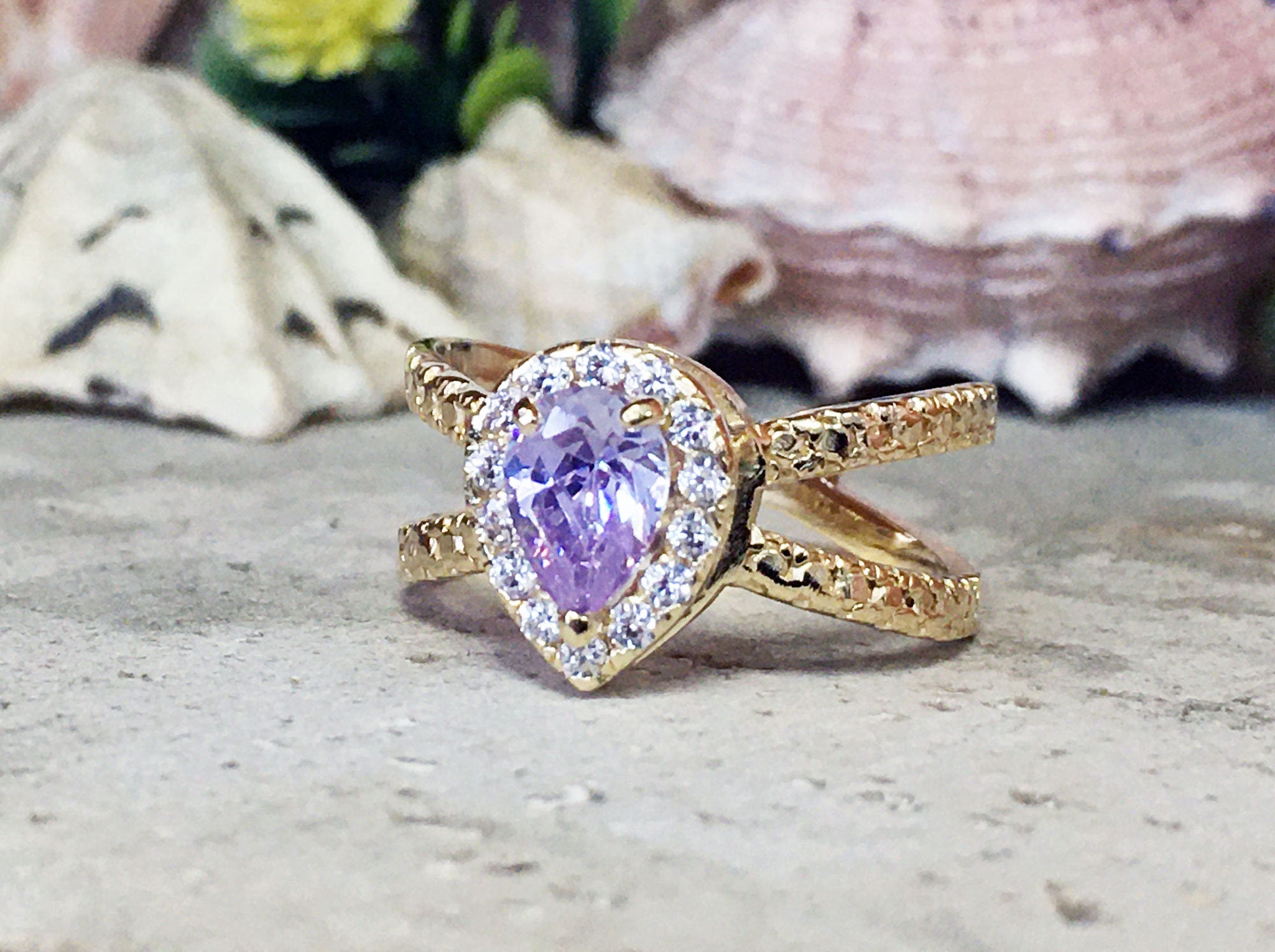 Lavender Amethyst Ring - Statement Ring - Gold Ring - Engagement Ring - Prong Ring - Teardrop Ring - Cocktail Ring - Gemstone Ring