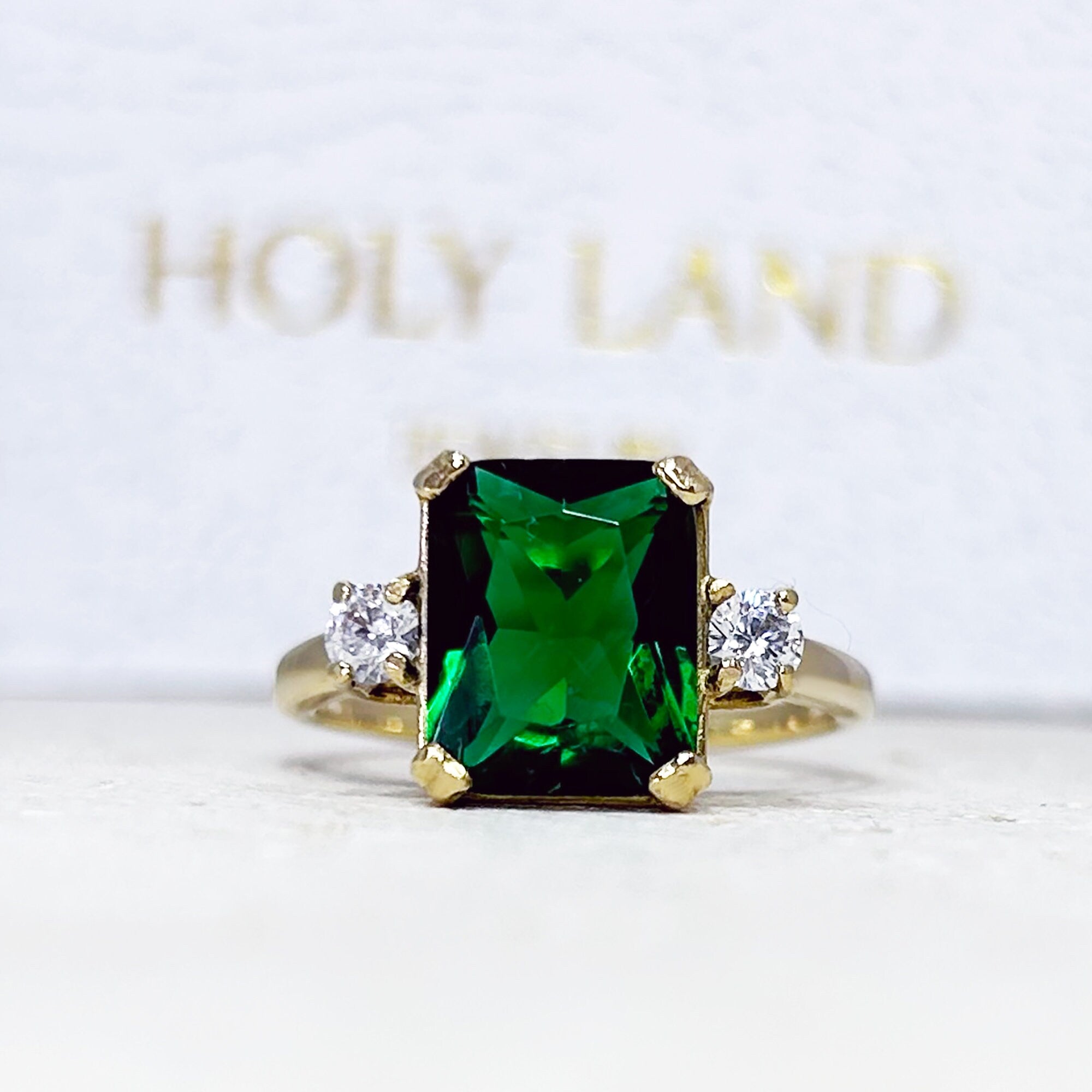 Emerald Ring - May Birthstone - Gold Ring - Gemstone Band - Statement Ring - Engagement Ring - Rectangle Ring - Cocktail Ring - Prong Ring