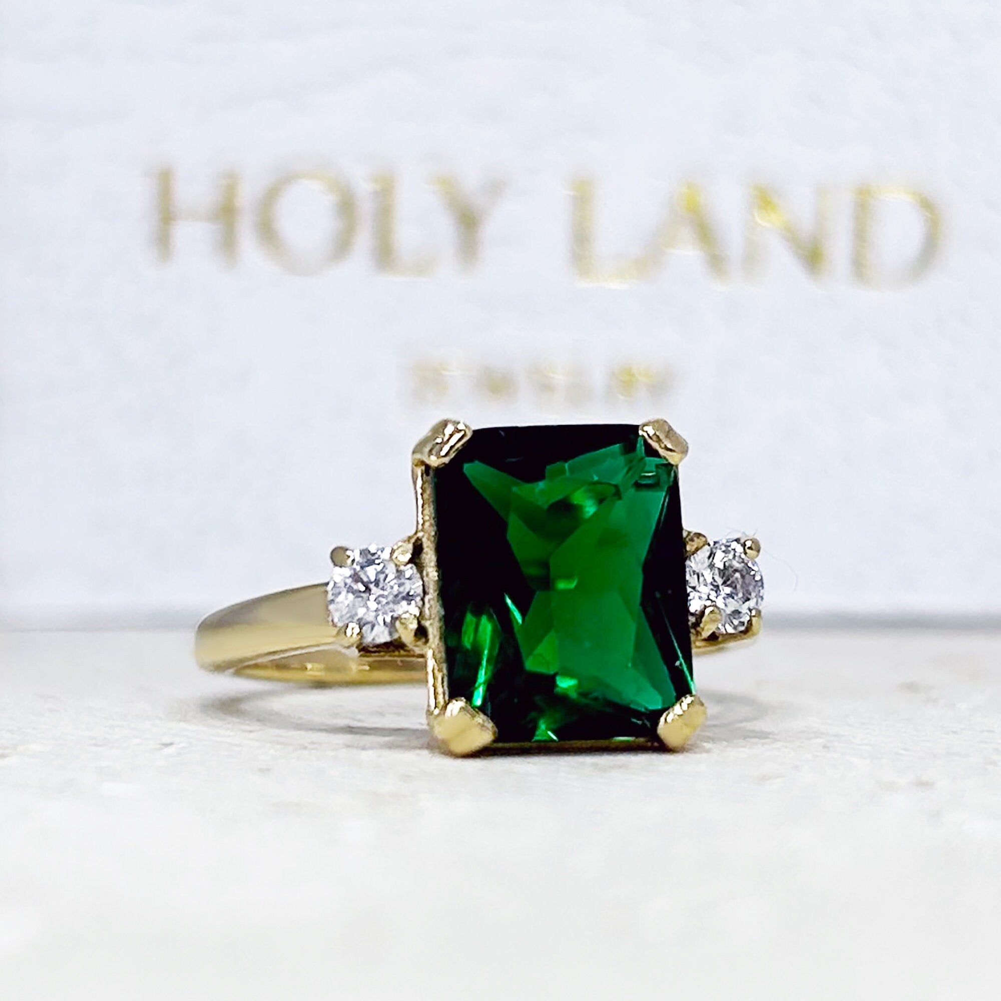 Emerald Ring - May Birthstone - Gold Ring - Gemstone Band - Statement Ring - Engagement Ring - Rectangle Ring - Cocktail Ring - Prong Ring