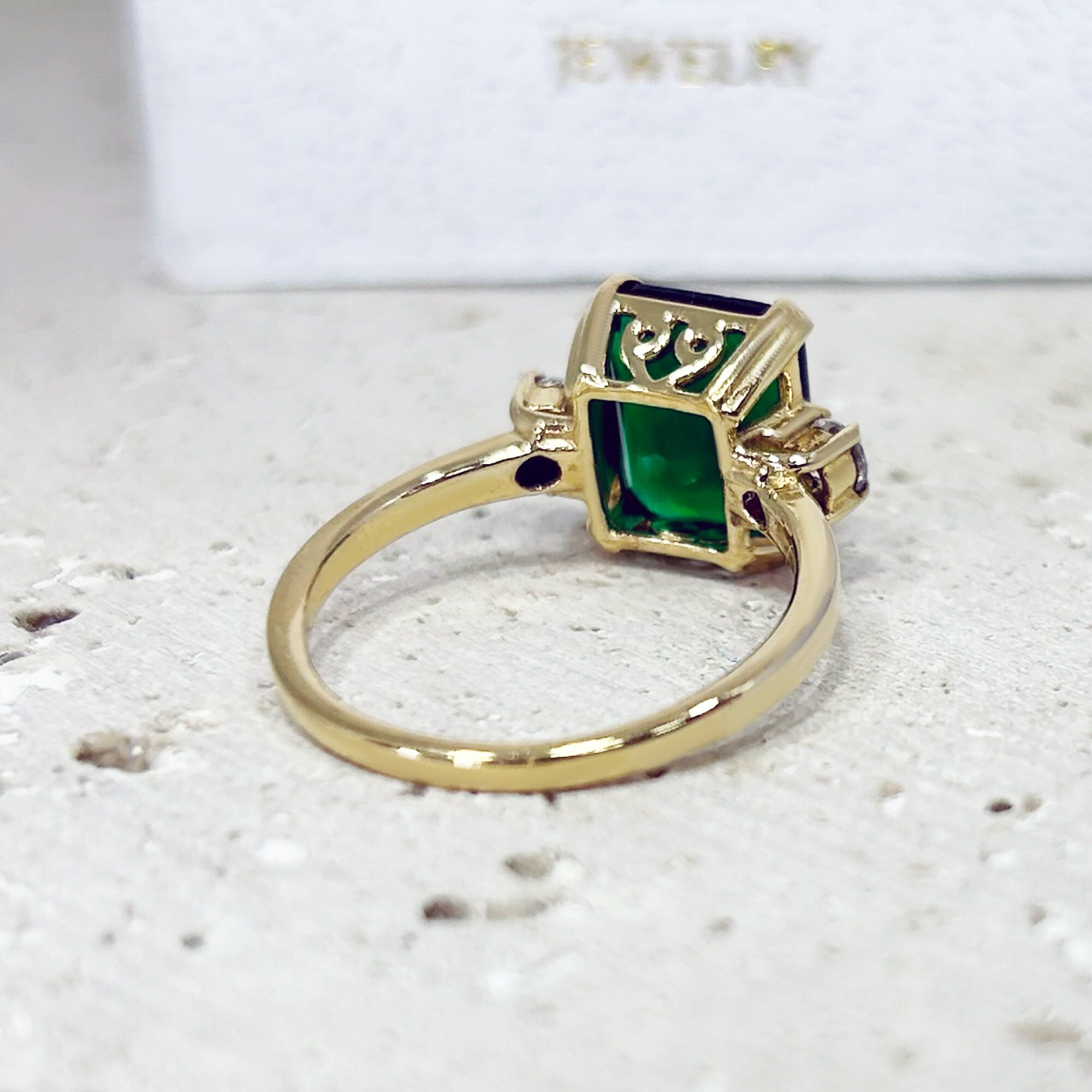 Emerald Ring - May Birthstone - Gold Ring - Gemstone Band - Statement Ring - Engagement Ring - Rectangle Ring - Cocktail Ring - Prong Ring