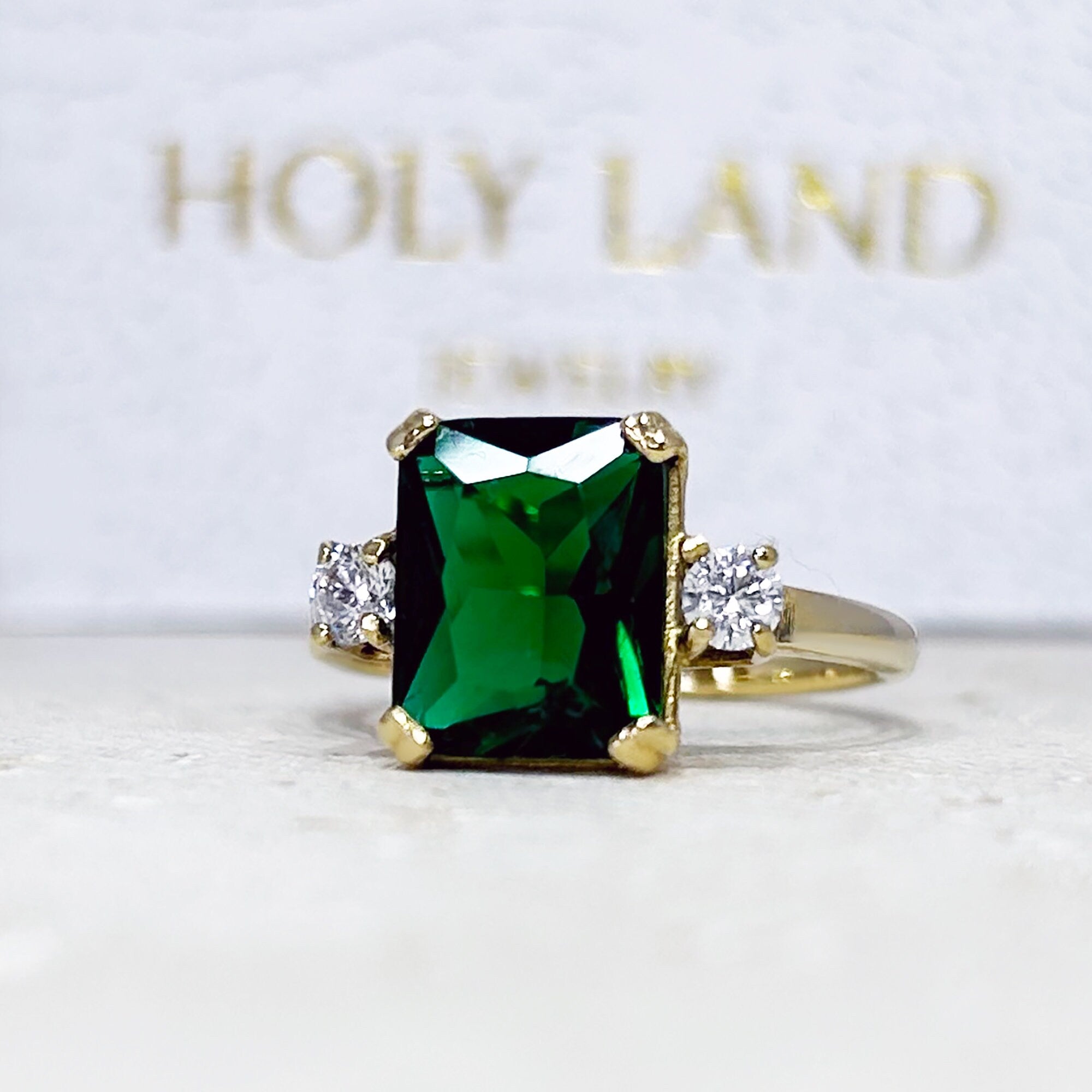 Emerald Ring - May Birthstone - Gold Ring - Gemstone Band - Statement Ring - Engagement Ring - Rectangle Ring - Cocktail Ring - Prong Ring