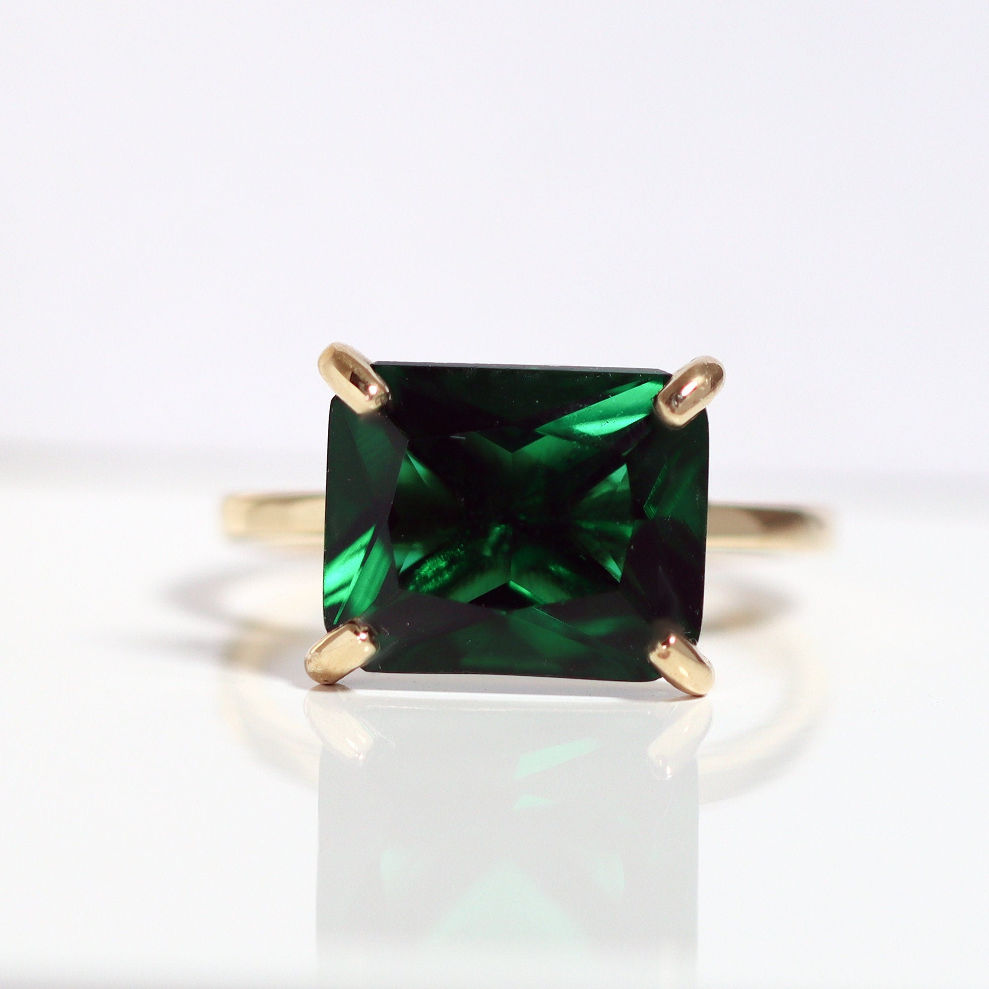 Emerald Ring - May Birthstone - Gold Ring - Gemstone Band - Statement Ring - Semiprecious Ring - Rectangle Ring - Cocktail Ring - Prong Ring