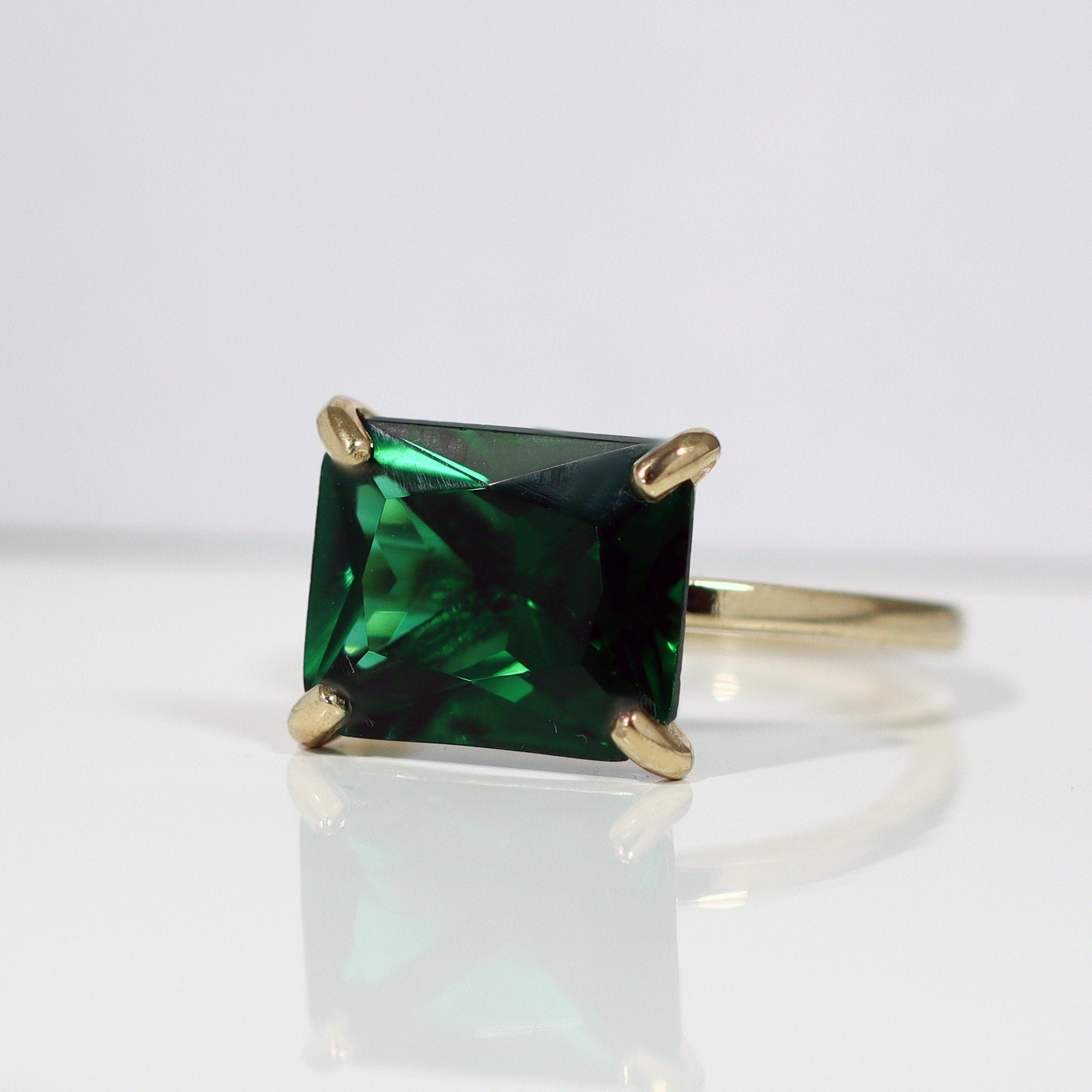 Emerald Ring - May Birthstone - Gold Ring - Gemstone Band - Statement Ring - Green Stone Ring - Rectangle Ring - Cocktail Ring - Prong Ring