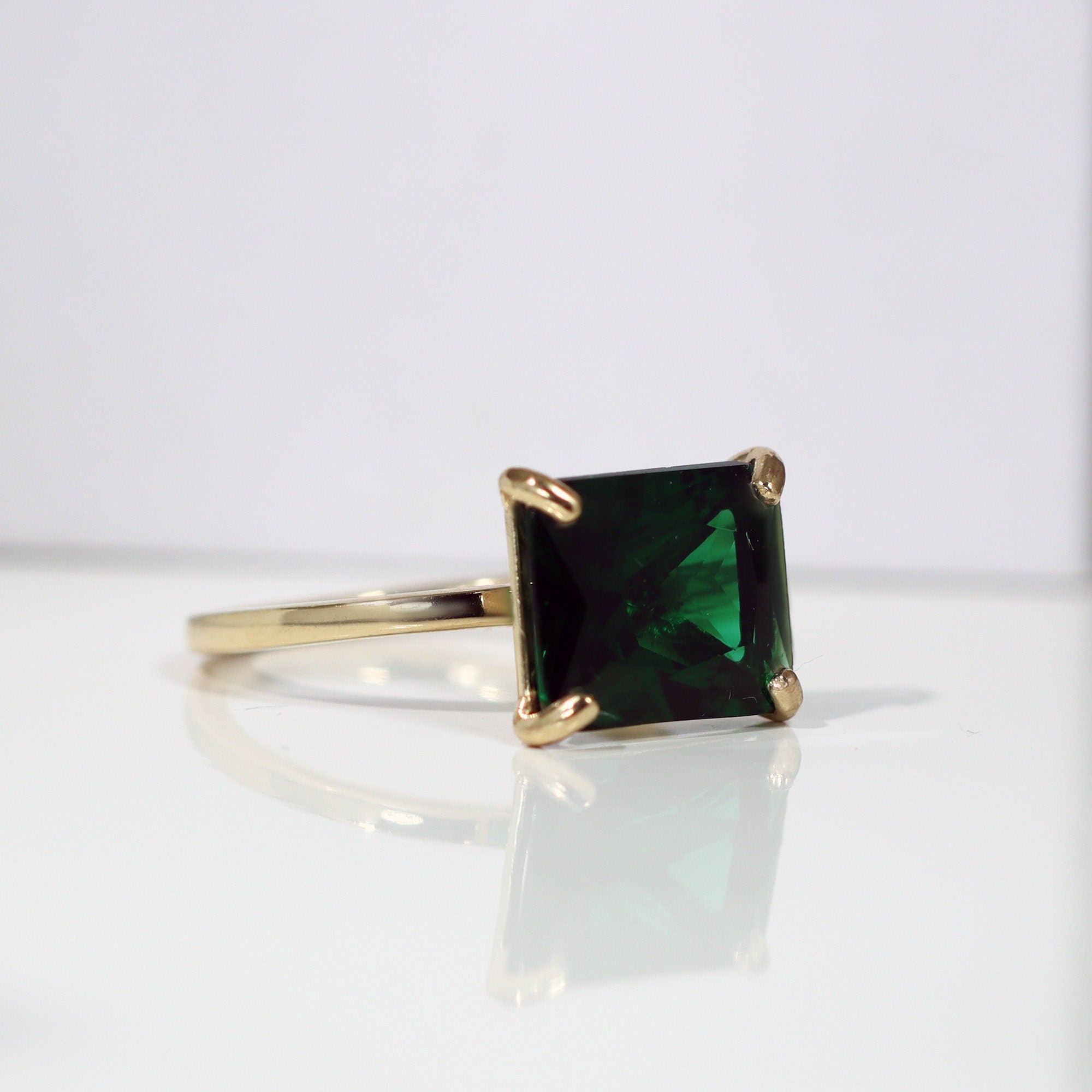 Emerald Ring - May Birthstone - Gold Ring - Gemstone Band - Statement Ring - Green Stone Ring - Rectangle Ring - Cocktail Ring - Prong Ring