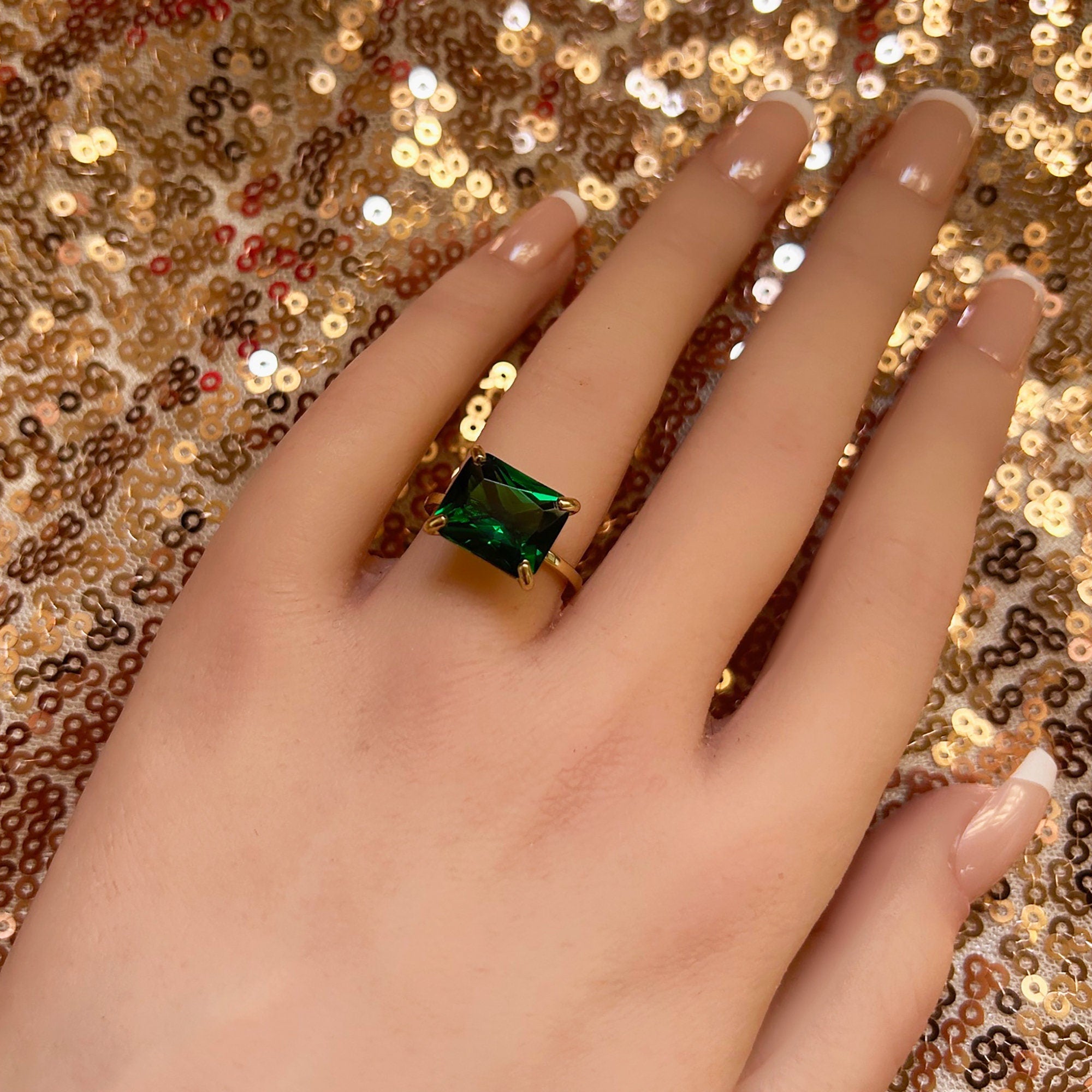 Emerald Ring - May Birthstone - Gold Ring - Gemstone Band - Statement Ring - Semiprecious Ring - Rectangle Ring - Cocktail Ring - Prong Ring