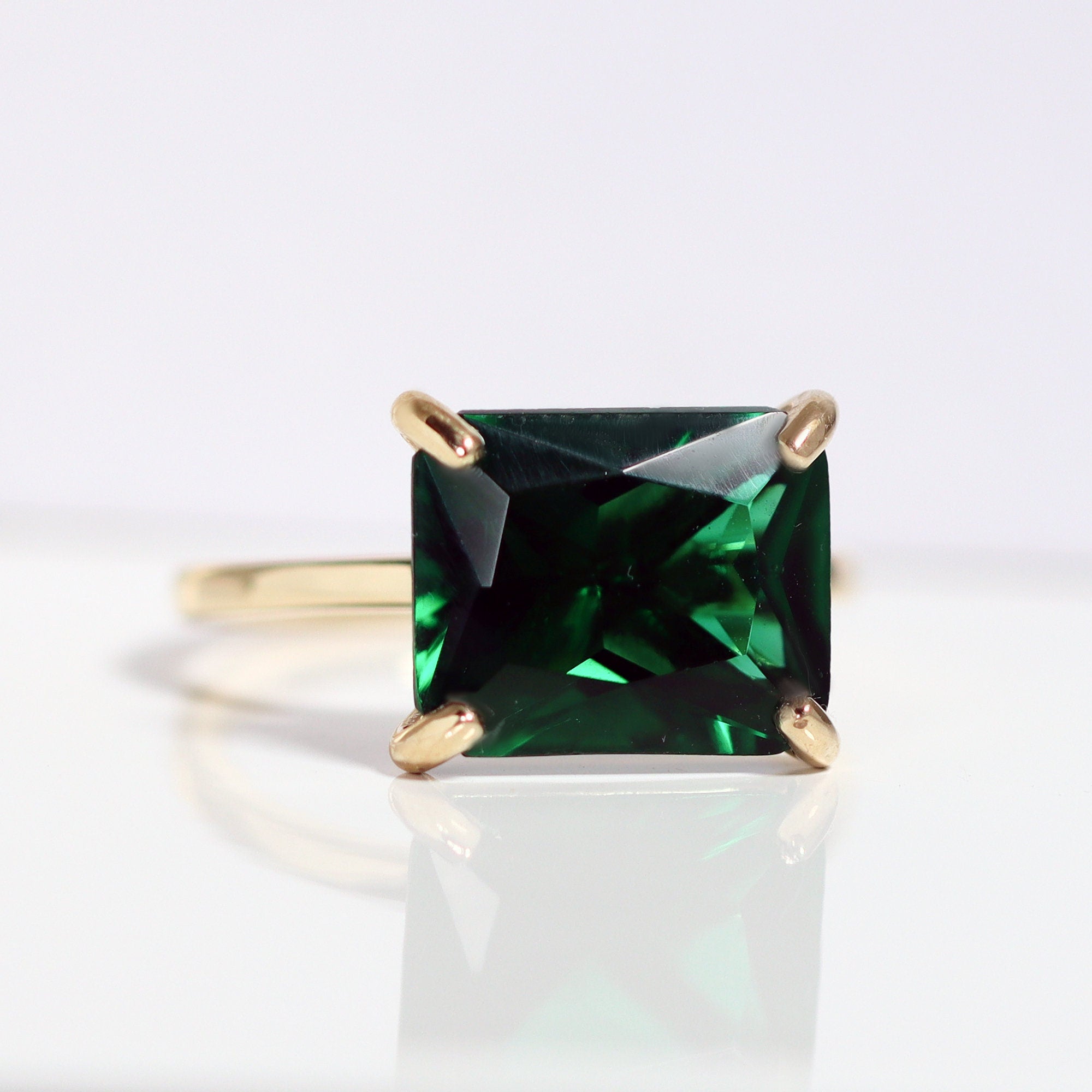 Emerald Ring - May Birthstone - Gold Ring - Gemstone Band - Statement Ring - Green Stone Ring - Rectangle Ring - Cocktail Ring - Prong Ring