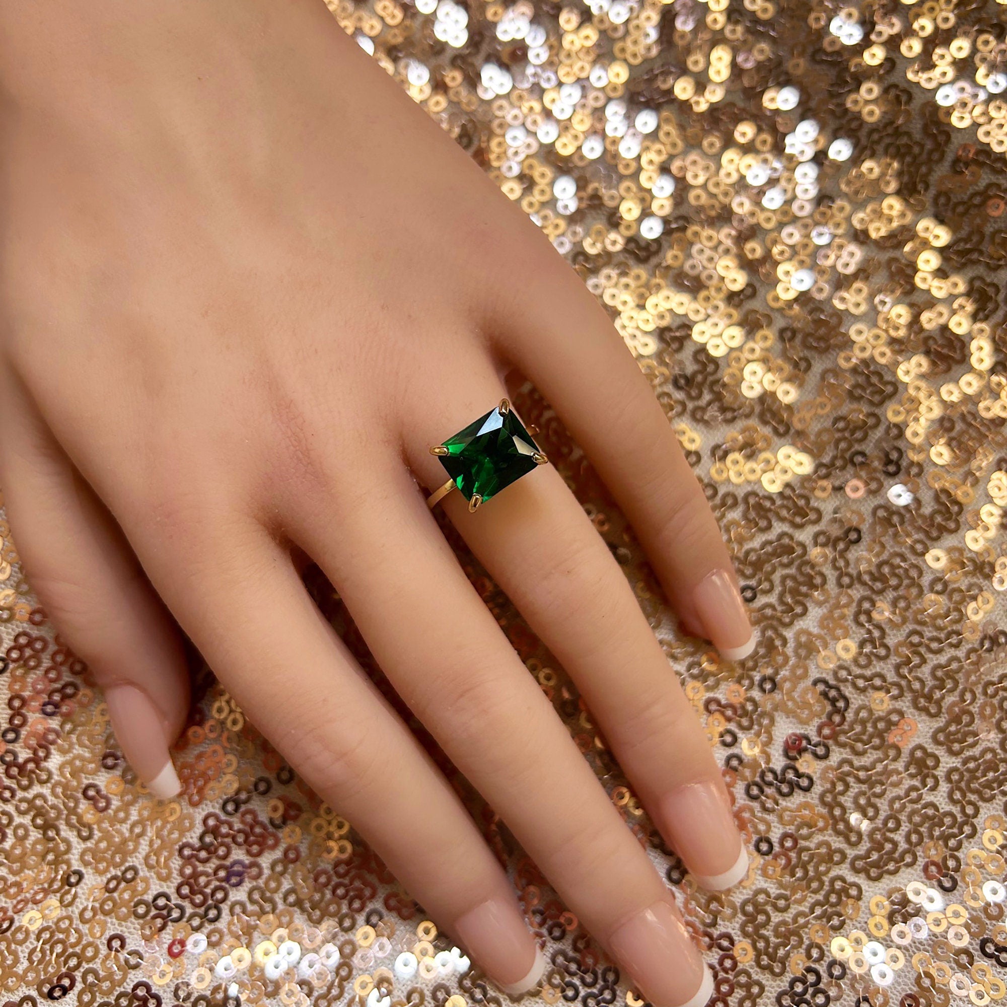 Emerald Ring - May Birthstone - Gold Ring - Gemstone Band - Statement Ring - Semiprecious Ring - Rectangle Ring - Cocktail Ring - Prong Ring