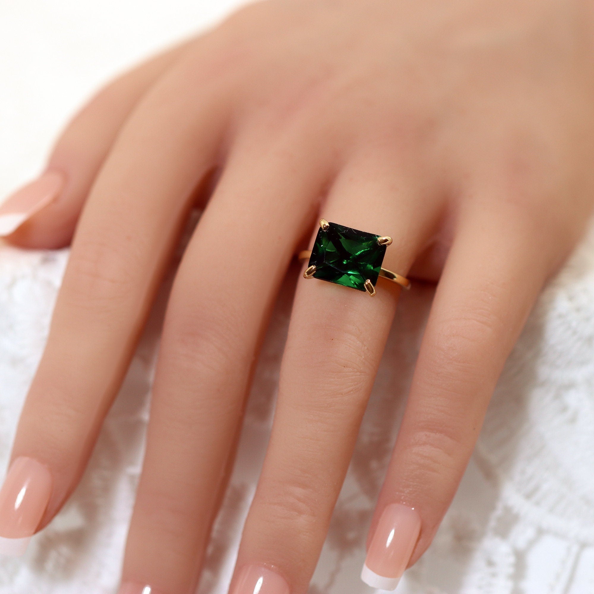 Emerald Ring - May Birthstone - Gold Ring - Gemstone Band - Statement Ring - Green Stone Ring - Rectangle Ring - Cocktail Ring - Prong Ring