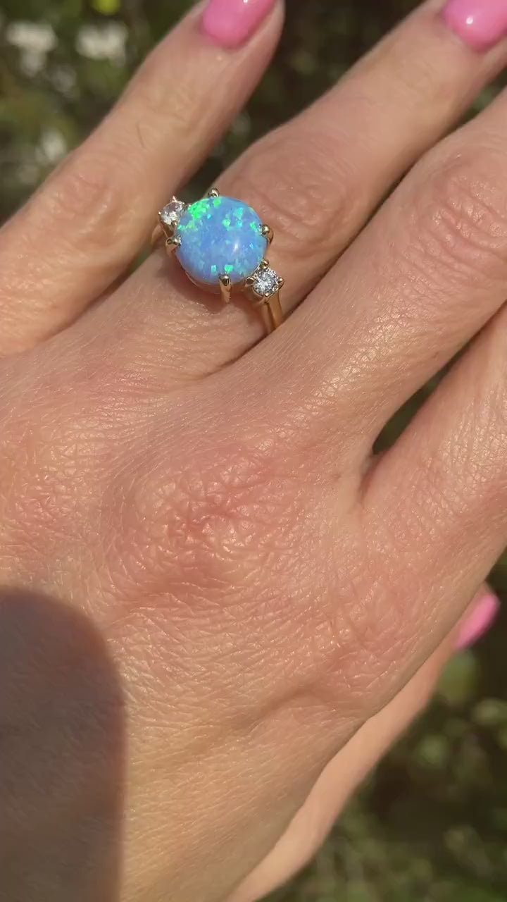 Blue Opal Ring - Gold Ring - Engagement Ring - Prong Ring - Round Ring - Cocktail Ring - Statement Ring - Opal Jewelry - October Birthstone