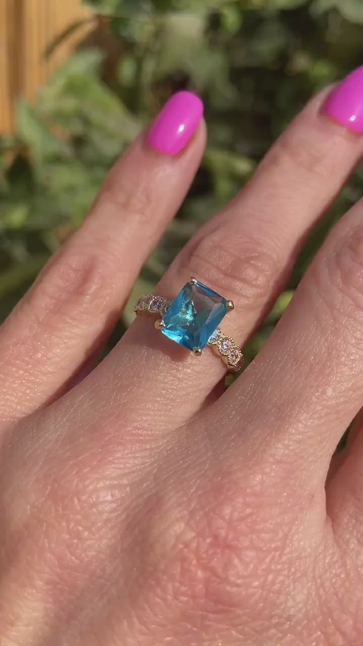 Blue Topaz Ring - December Birthstone - Engagement Ring - Gold Ring - Cocktail Ring - Prong Ring - Rectangle Ring - Statement Ring