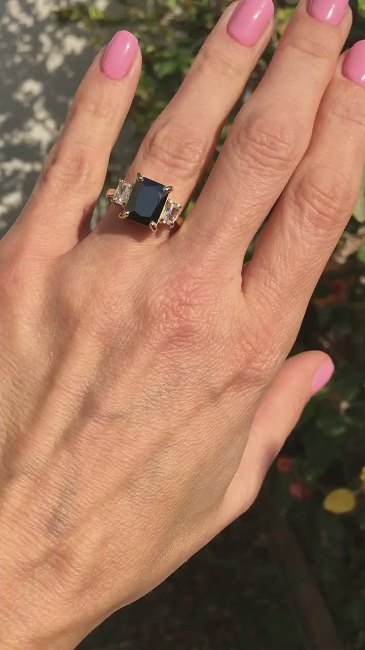 Black Onyx Ring - December Birthstone - Genuine Gemstone - Gold Ring - Engagement Ring - Rectangle Ring - Cocktail Ring - Prong Ring