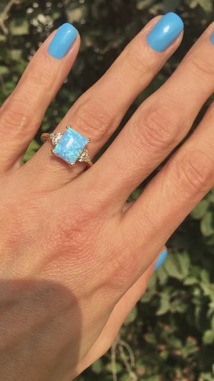 Blue Opal Ring - Gold Ring - Engagement Ring - Rectangle  Ring - Cocktail Ring - Statement Ring - Opal Jewelry - October Birthstone