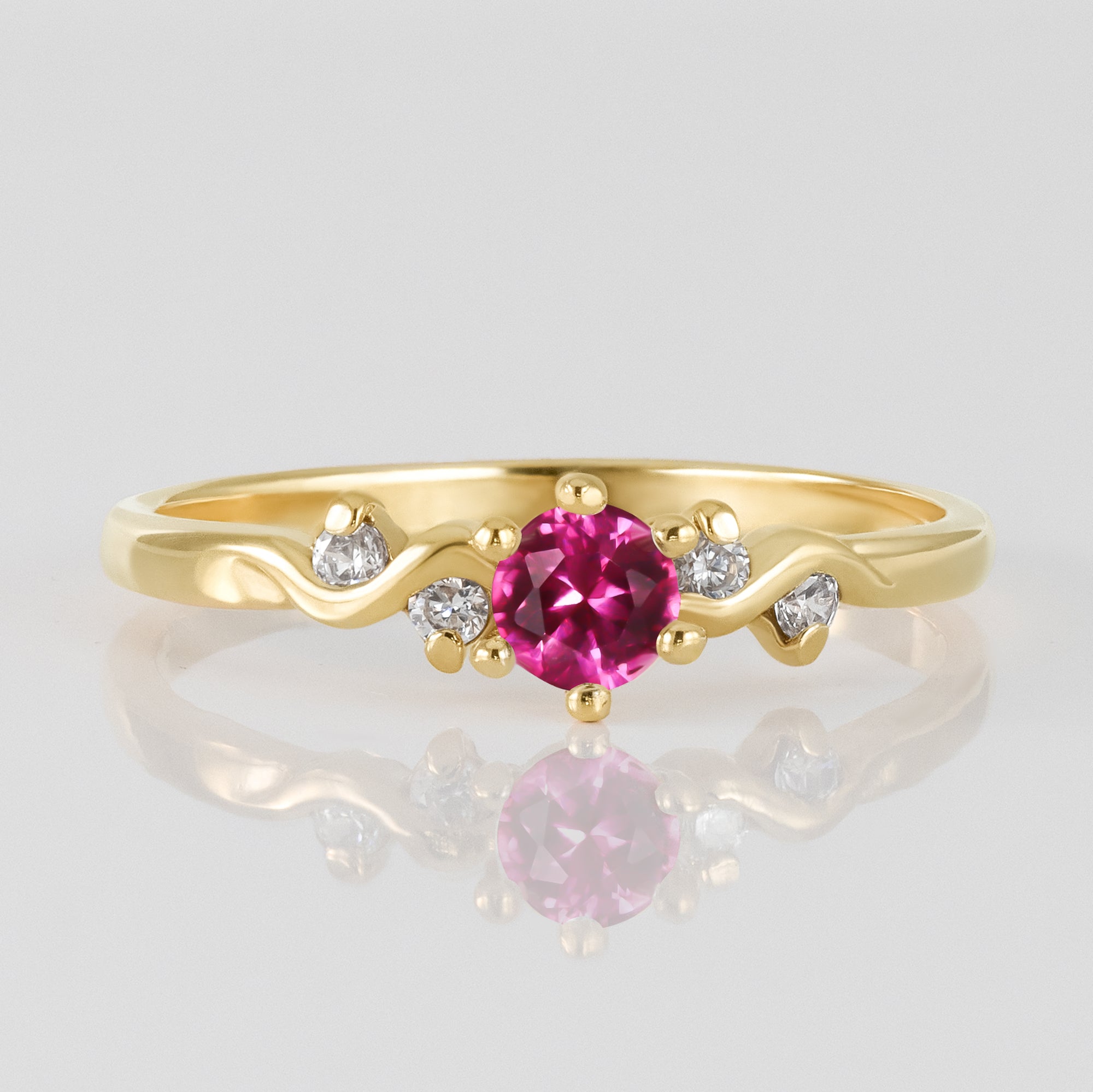 Ruby Ring  - July Birthstone Jewelry - Round Ruby Gemstone Delicate Ring with Clear Quartz Accents