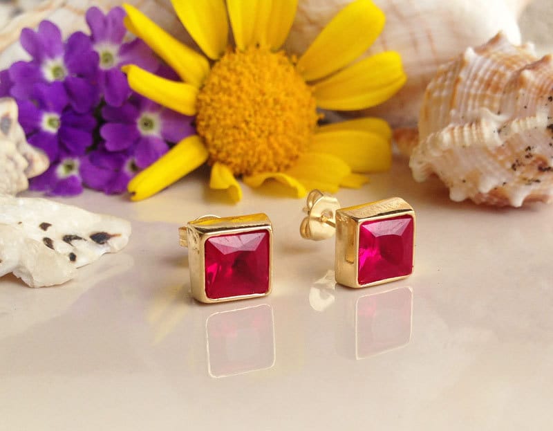 July Birthstone Jewelry - Square Earrings - Ruby Earrings - Shiny Earrings - Post Earrings - Delicate Studs - Simple Earrings