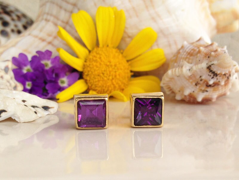 Purple Amethyst Earrings - February Birthstone - Purple Amethyst Gemstone Square Stud Earrings