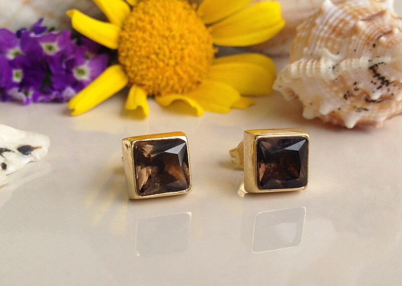 Smoky Quartz Earrings - Smoky Quartz Gemstone Simple Square Stud Earrings