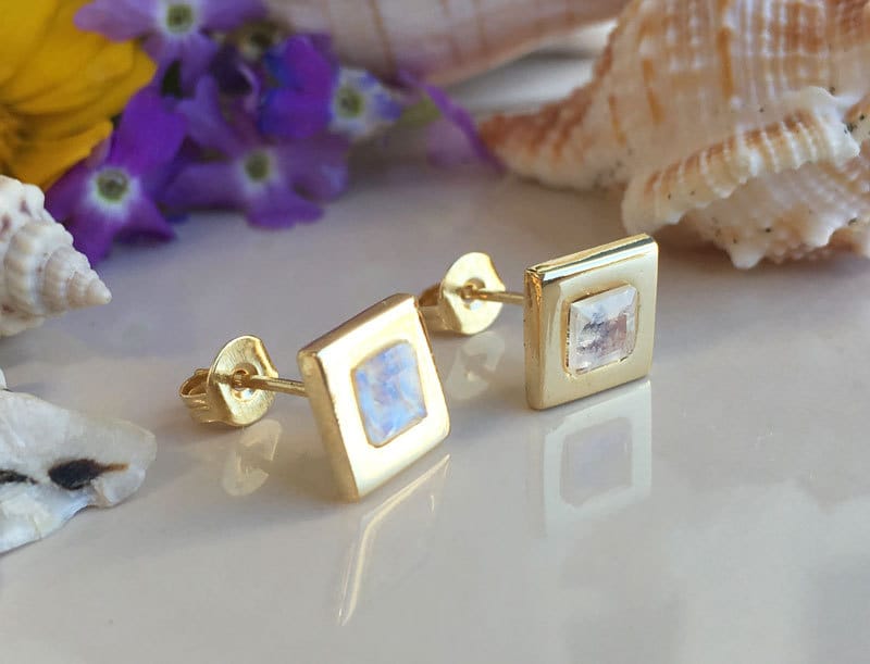 Rainbow Moonstone Earrings - Genuine Gemstone - Square Earrings - Post Earrings - Delicate Studs - Simple Earrings - Gold Studs