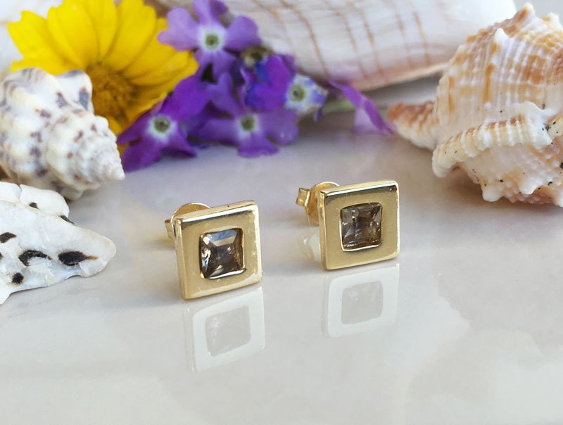 Smoky Quartz Earrings - Smoky Quartz Gemstone Simple Square Stud Earrings