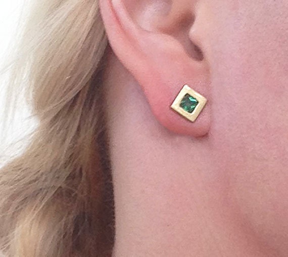 Green Tourmaline Earrings - Square Earrings - Post Earrings - Delicate Studs - Simple Earrings - Gold Studs - Green Earrings