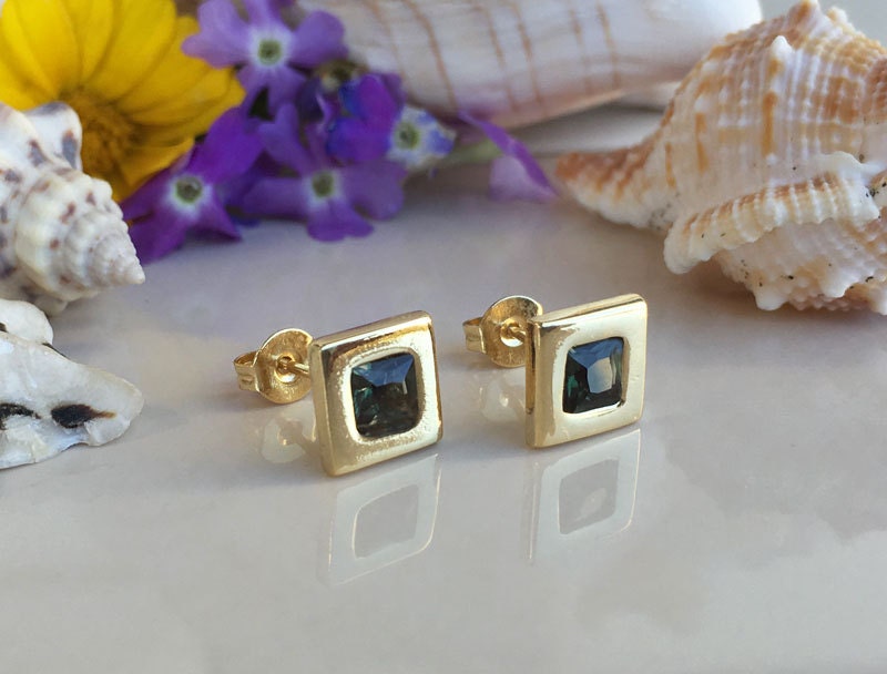 Green Tourmaline Earrings - Square Earrings - Post Earrings - Delicate Studs - Simple Earrings - Gold Studs - Green Earrings