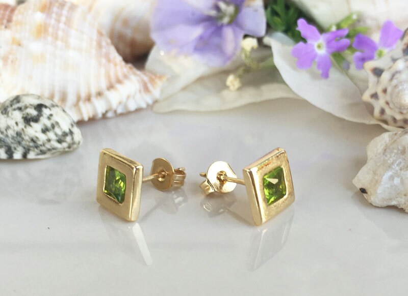 August Birthstone Jewelry - Peridot Earrings - Square Earrings - Post Earrings - Delicate Studs - Simple Earrings - Gold Studs