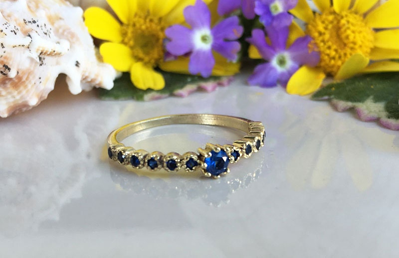 Blue Sapphire Ring - September Birthstone - Delicate Stacking Ring with Thirteen Round Blue Sapphire Gemstones