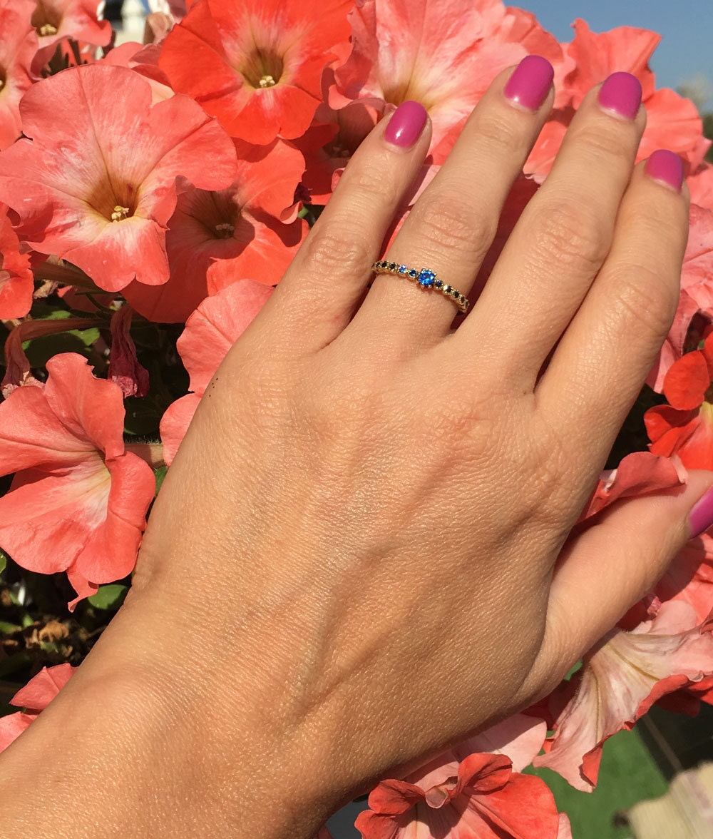 Blue Sapphire Ring - September Birthstone - Delicate Stacking Ring with Thirteen Round Blue Sapphire Gemstones