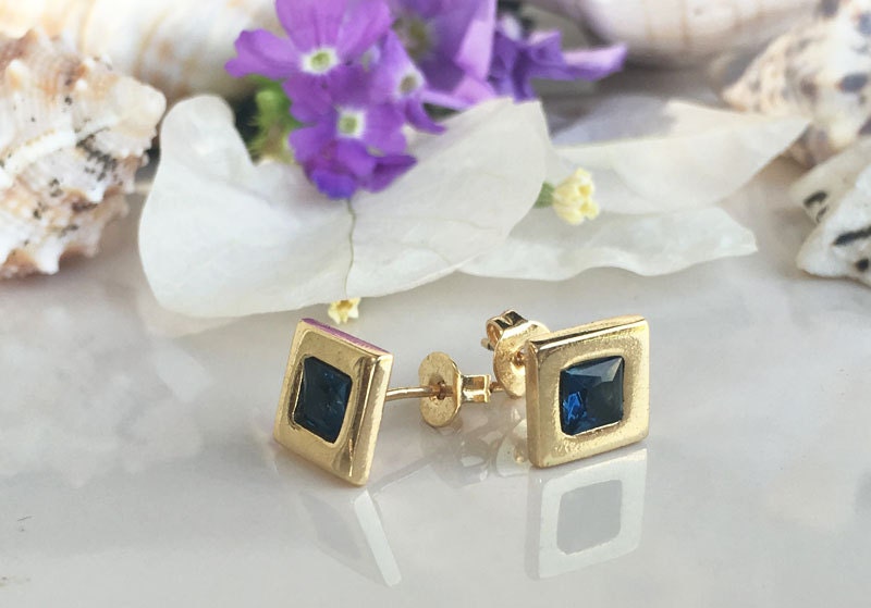 Blue Sapphire Earrings - September Birthstone Jewelry - Blue Sapphire Gemstone Simple Square Stud Earrings