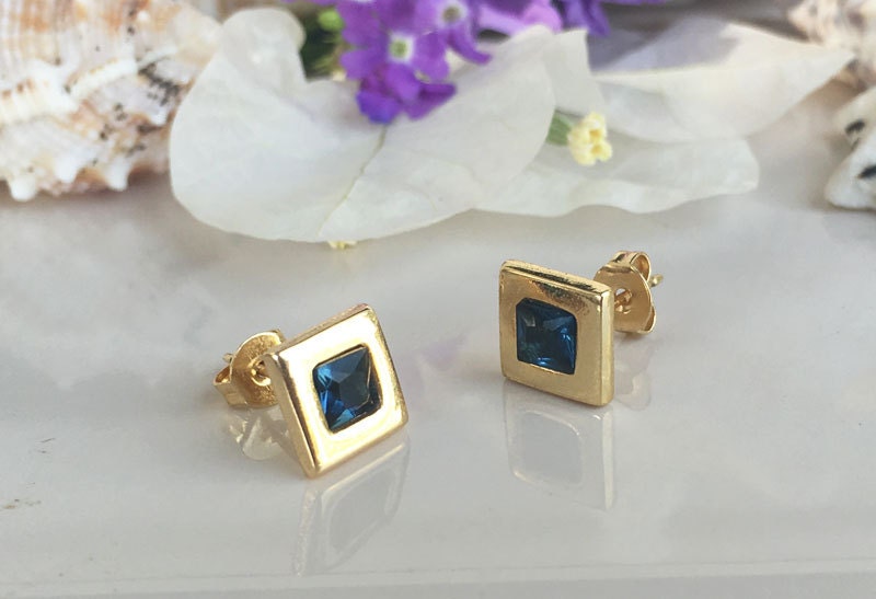 Blue Sapphire Earrings - September Birthstone Jewelry - Blue Sapphire Gemstone Simple Square Stud Earrings