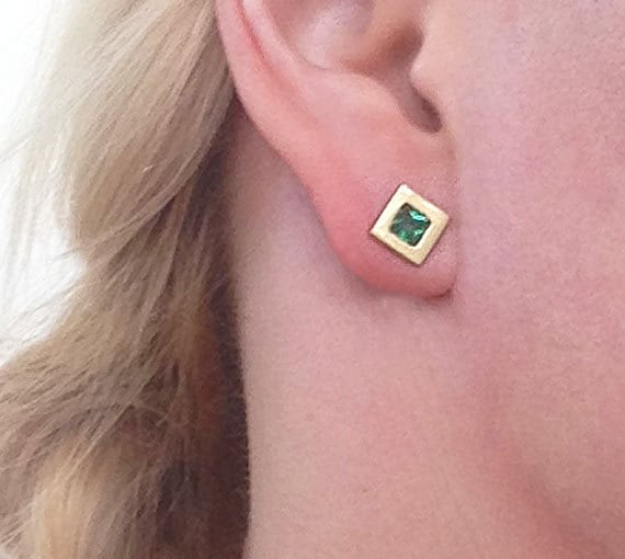 August Birthstone Jewelry - Peridot Earrings - Square Earrings - Post Earrings - Delicate Studs - Simple Earrings - Gold Studs