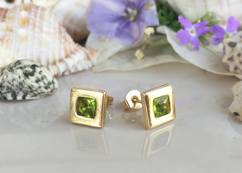 August Birthstone Jewelry - Peridot Earrings - Square Earrings - Post Earrings - Delicate Studs - Simple Earrings - Gold Studs