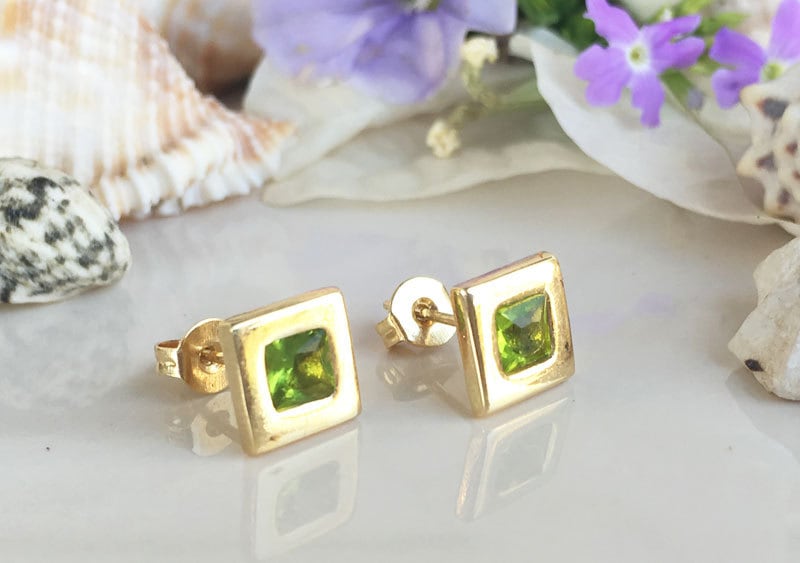 August Birthstone Jewelry - Peridot Earrings - Square Earrings - Post Earrings - Delicate Studs - Simple Earrings - Gold Studs