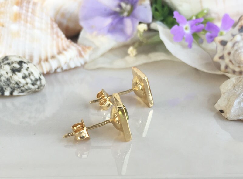 August Birthstone Jewelry - Peridot Earrings - Square Earrings - Post Earrings - Delicate Studs - Simple Earrings - Gold Studs