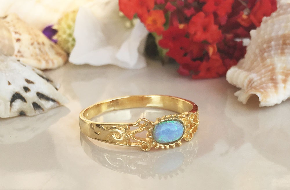 Blue Opal Ring - October Birthstone - Lace Ring with Oval Blue Opal Gemstone