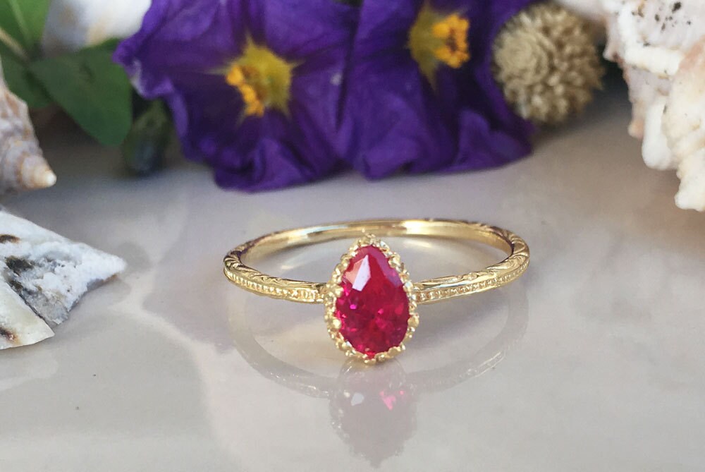 Ruby Ring - July Birthstone - Fuchsia Ring - Stacking Ring - Gemstone Ring - Simple Jewelry - Teardrop Ring