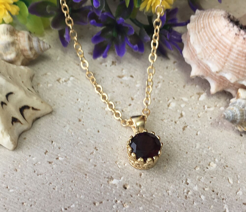 Red Garnet Necklace - January Birthstone - Delicate Chain Necklace with Round Red Garnet Gemstone