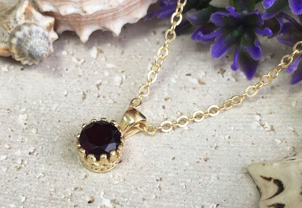 Red Garnet Necklace - January Birthstone - Delicate Chain Necklace with Round Red Garnet Gemstone