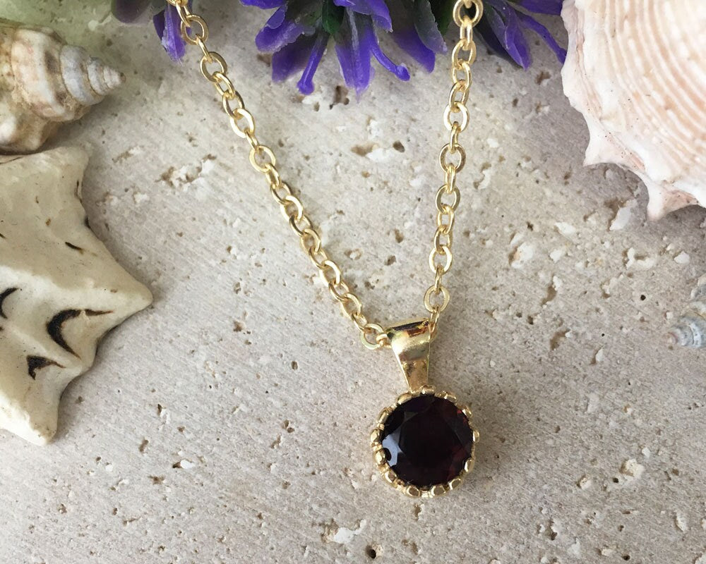 Red Garnet Necklace - January Birthstone - Delicate Chain Necklace with Round Red Garnet Gemstone