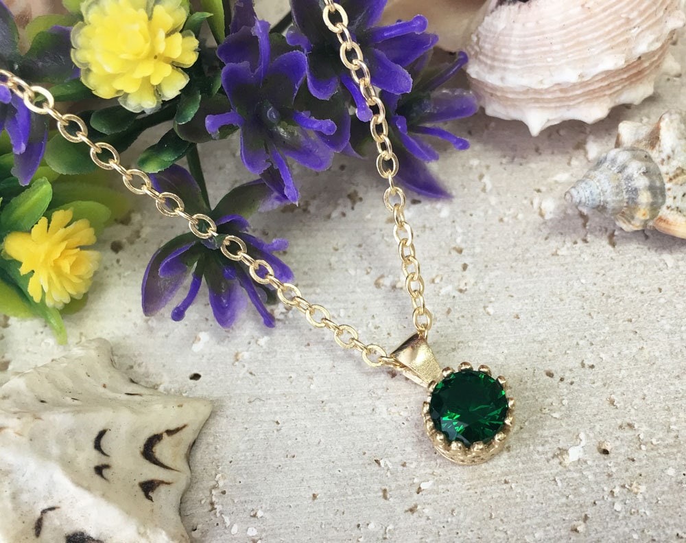 Emerald Necklace - May Birthstone - Round Emerald Gemstone Delicate Chain Necklace