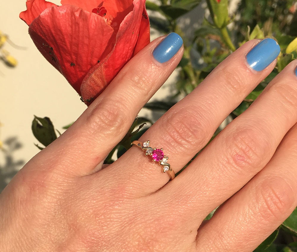 Ruby Ring  - July Birthstone Jewelry - Round Ruby Gemstone Delicate Ring with Clear Quartz Accents