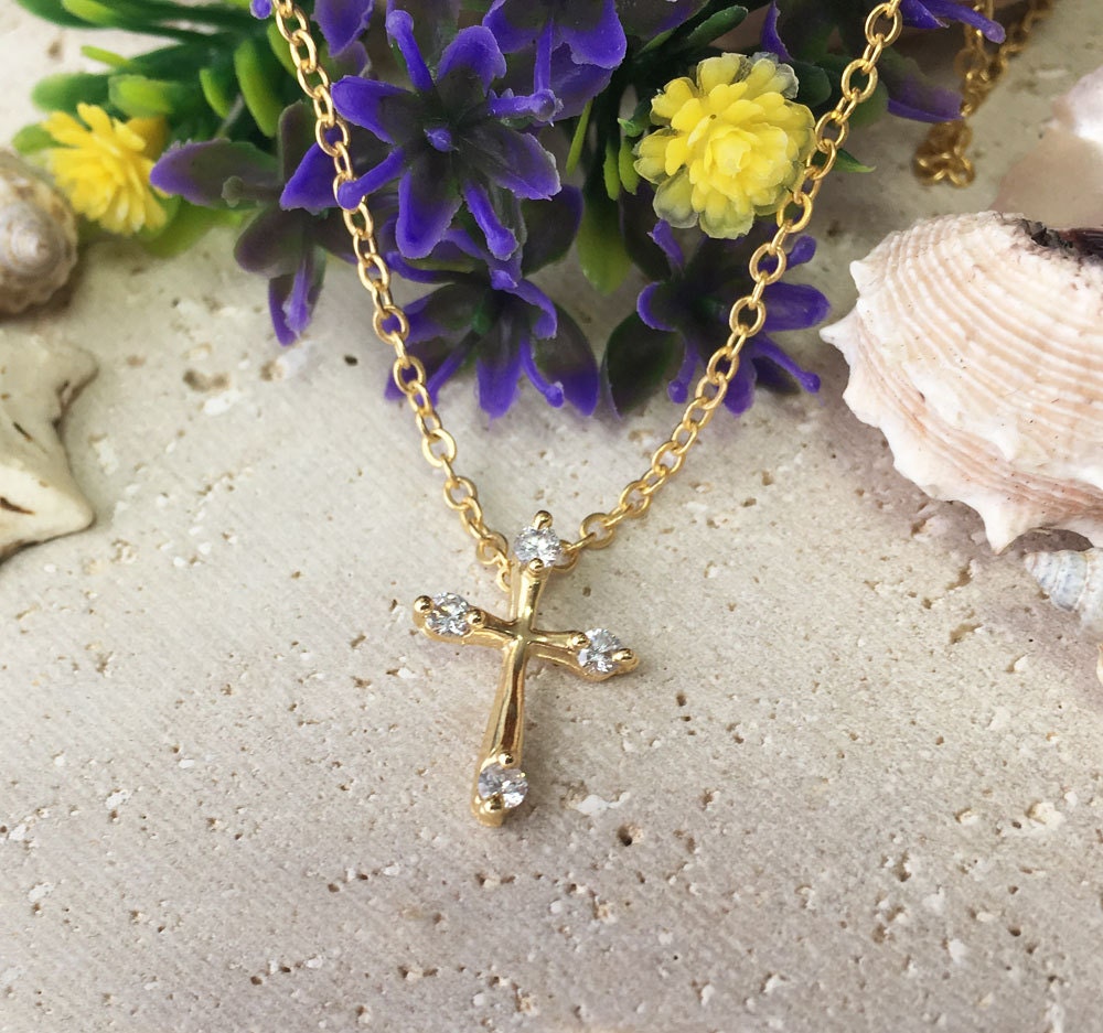 Cross Necklace - Delicate Chain Cross Necklace with Four Clear Quartz Stones