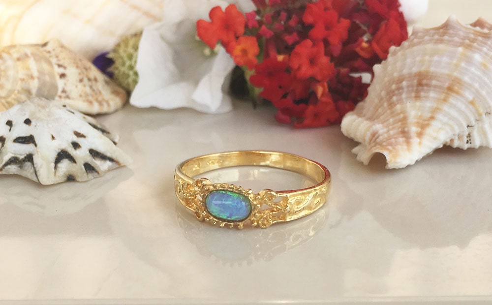 Blue Opal Ring - October Birthstone - Lace Ring with Oval Blue Opal Gemstone