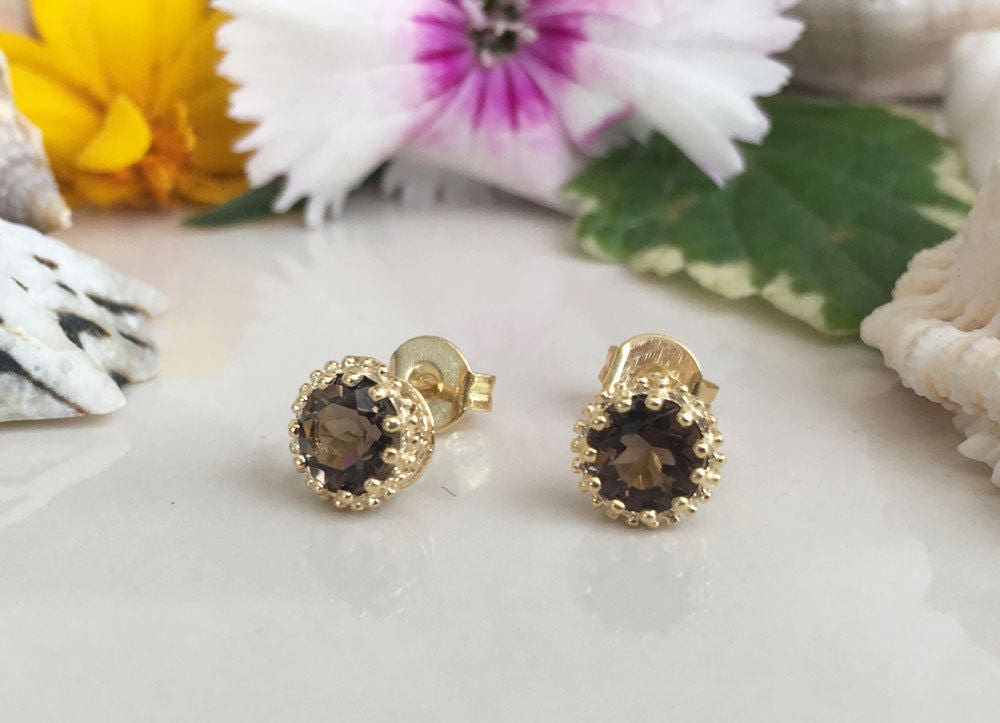 Smoky Quartz Earrings - Smoky Quartz Gemstone Small Round Stud Earrings