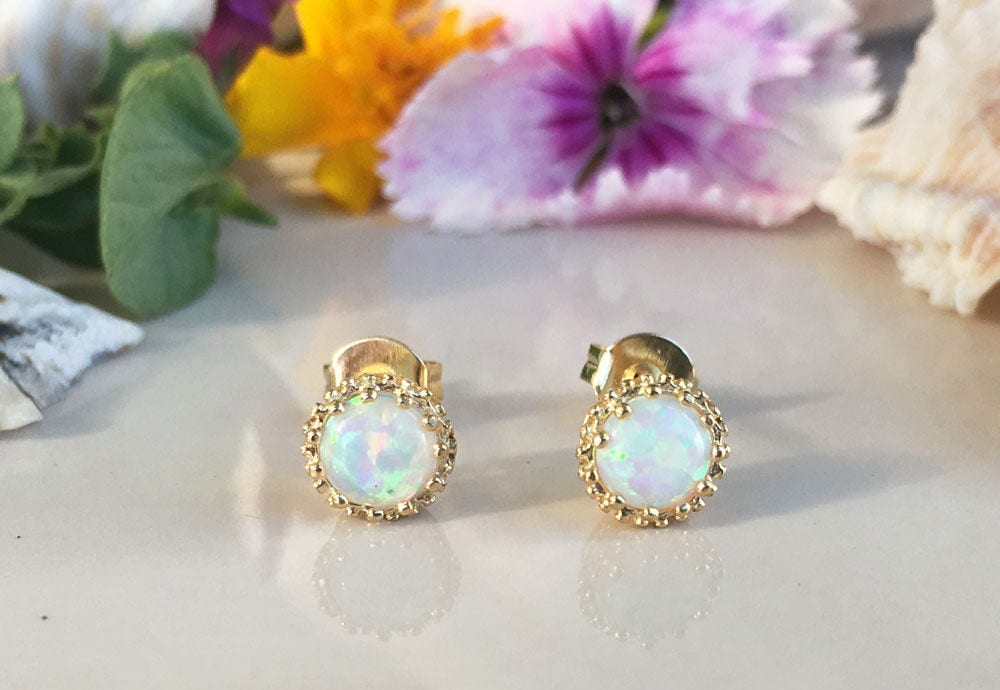 White Opal Earrings - Post Earrings - White Opal Gemstone Small Round Stud Earrings