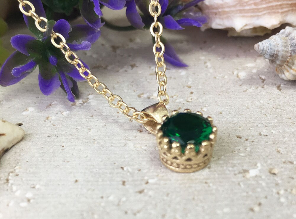 Emerald Necklace - May Birthstone - Round Emerald Gemstone Delicate Chain Necklace