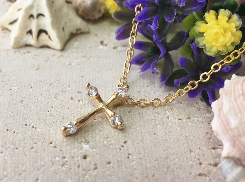 Cross Necklace - Delicate Chain Cross Necklace with Four Clear Quartz Stones